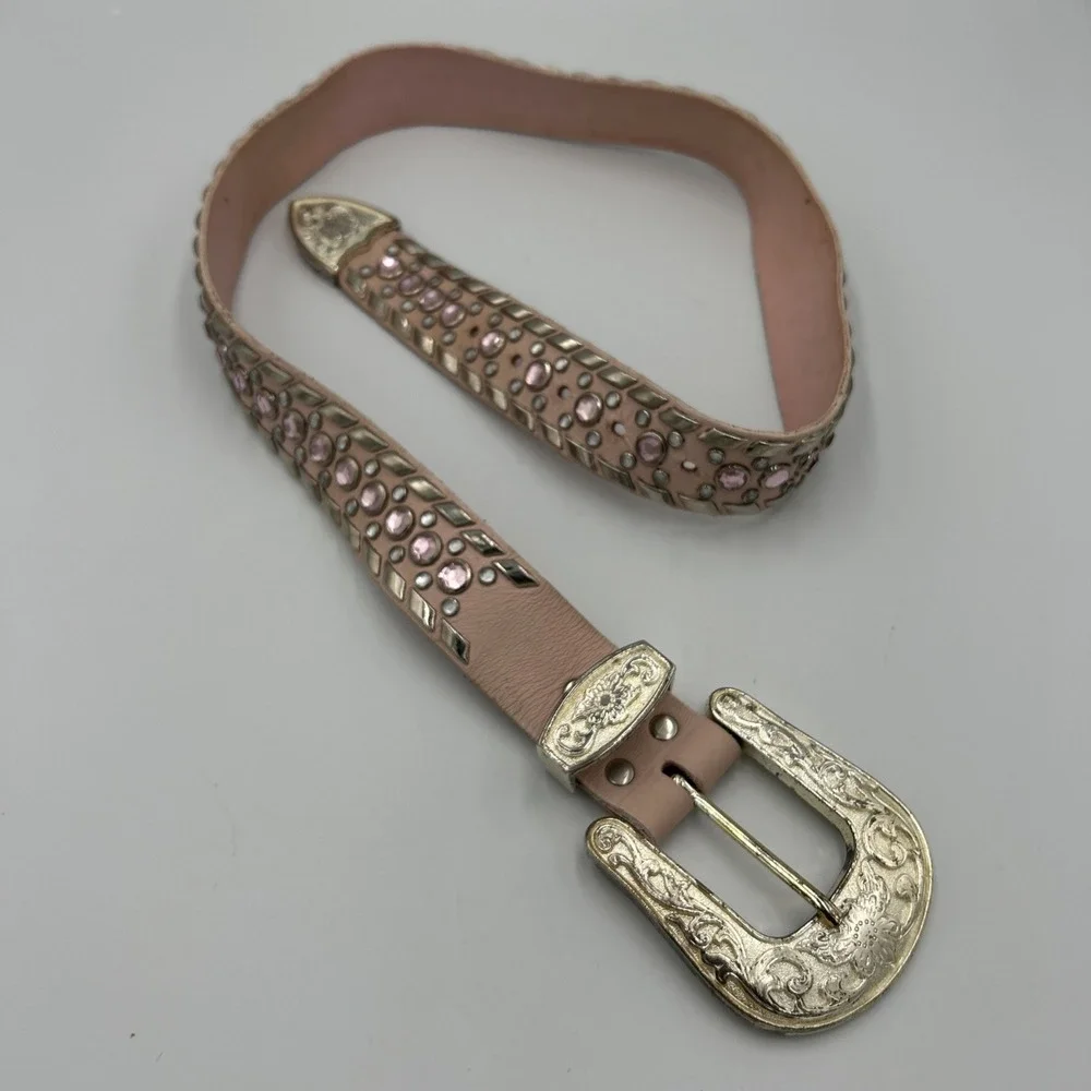 Pink Leather Western Belt Rhinestone Cowgirl Floral Buckle Belt